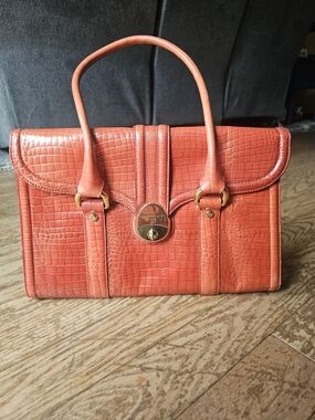 Francesco Biasia Italian Leather Croc Embossed Coral Orange Satchel Handbag Gold